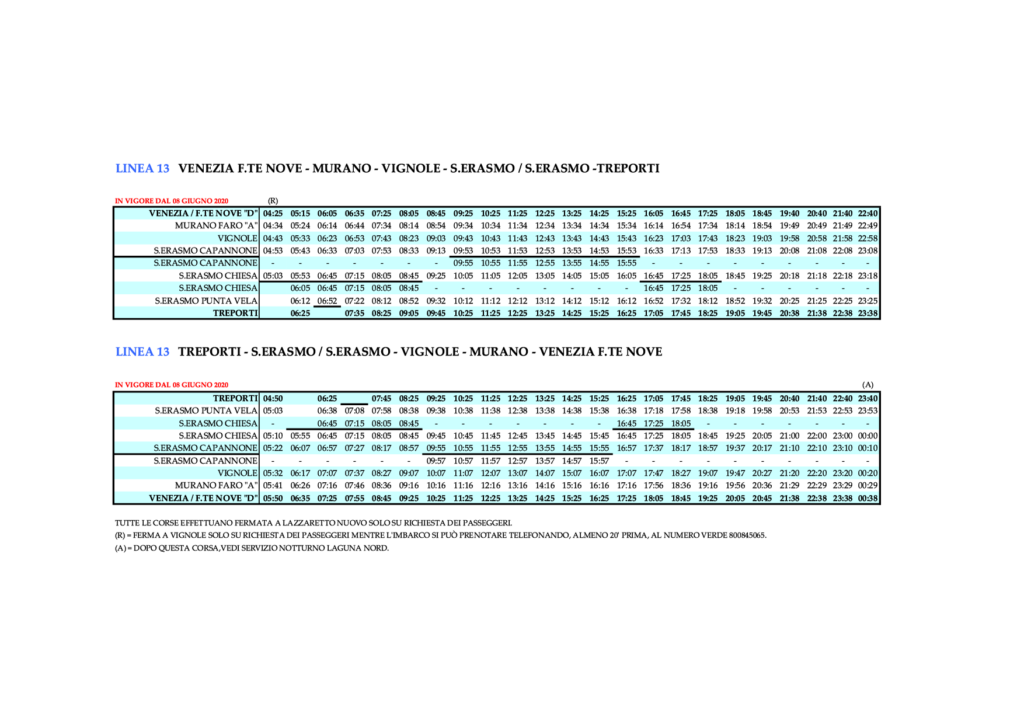 Line 13 - VENEZIA/F.TE NOVE - MURANO - VIGNOLE - S.ERASMO -TREPORTI and vice versa