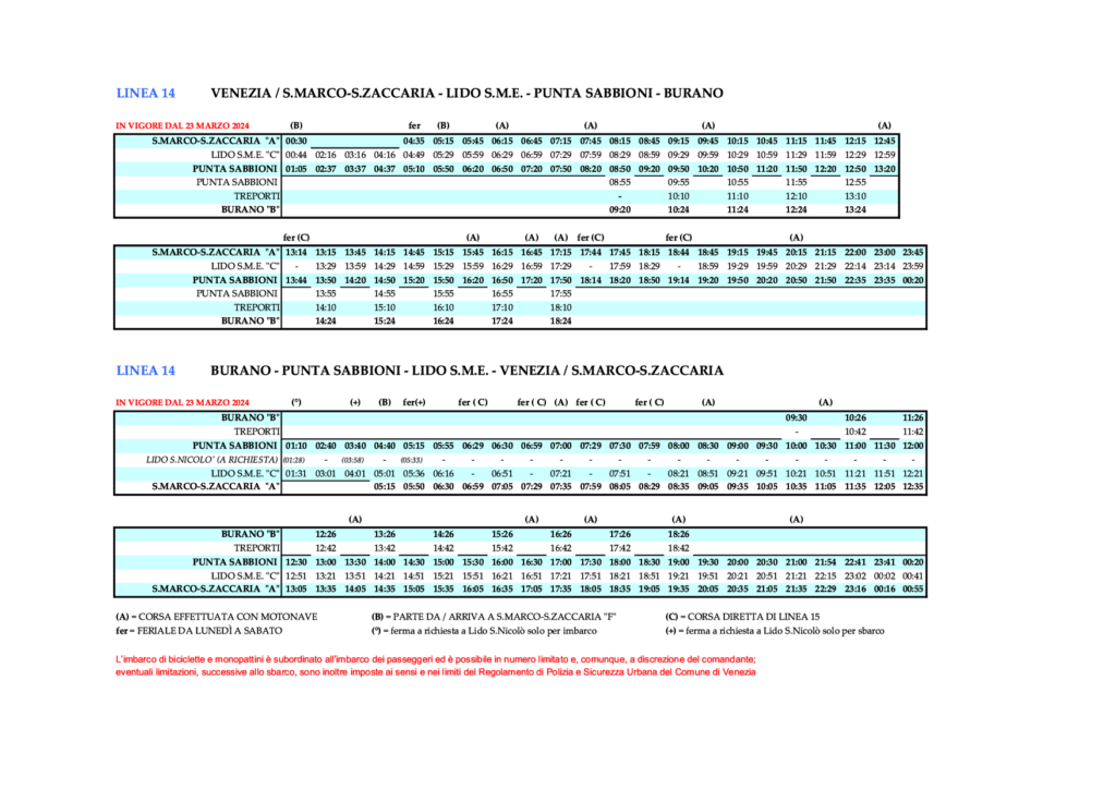 Line 14 - VENEZIA/S. ZACCARIA - LIDO S.M.E. - PUNTA SABBIONI - (BURANO) and vice versa