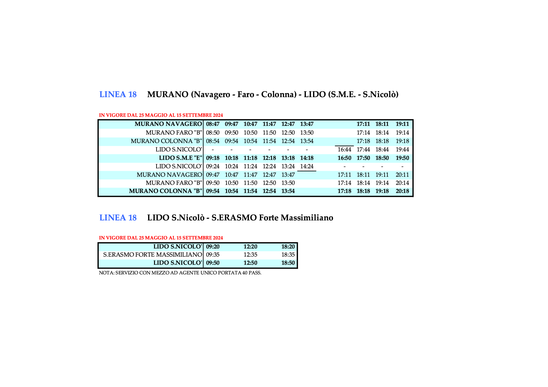 Line 18 - MURANO (Navagero - Faro - Colonna) - LIDO S.M.E. / S.NICOLÒ and vice versa